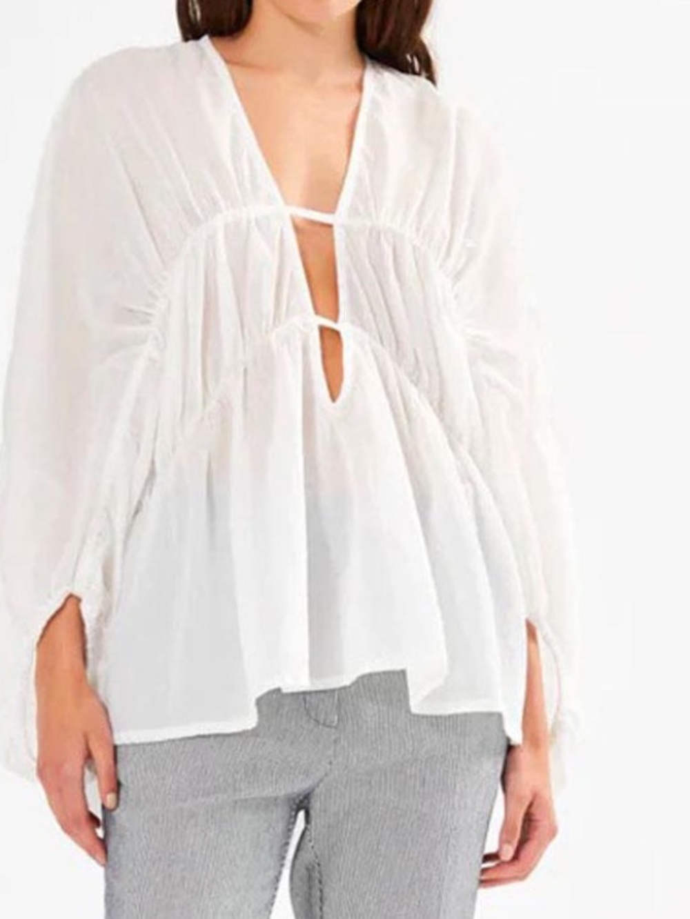 RABENS SALONER “CORRIE” WHITE COTTON VOILE DEEP V-NECK